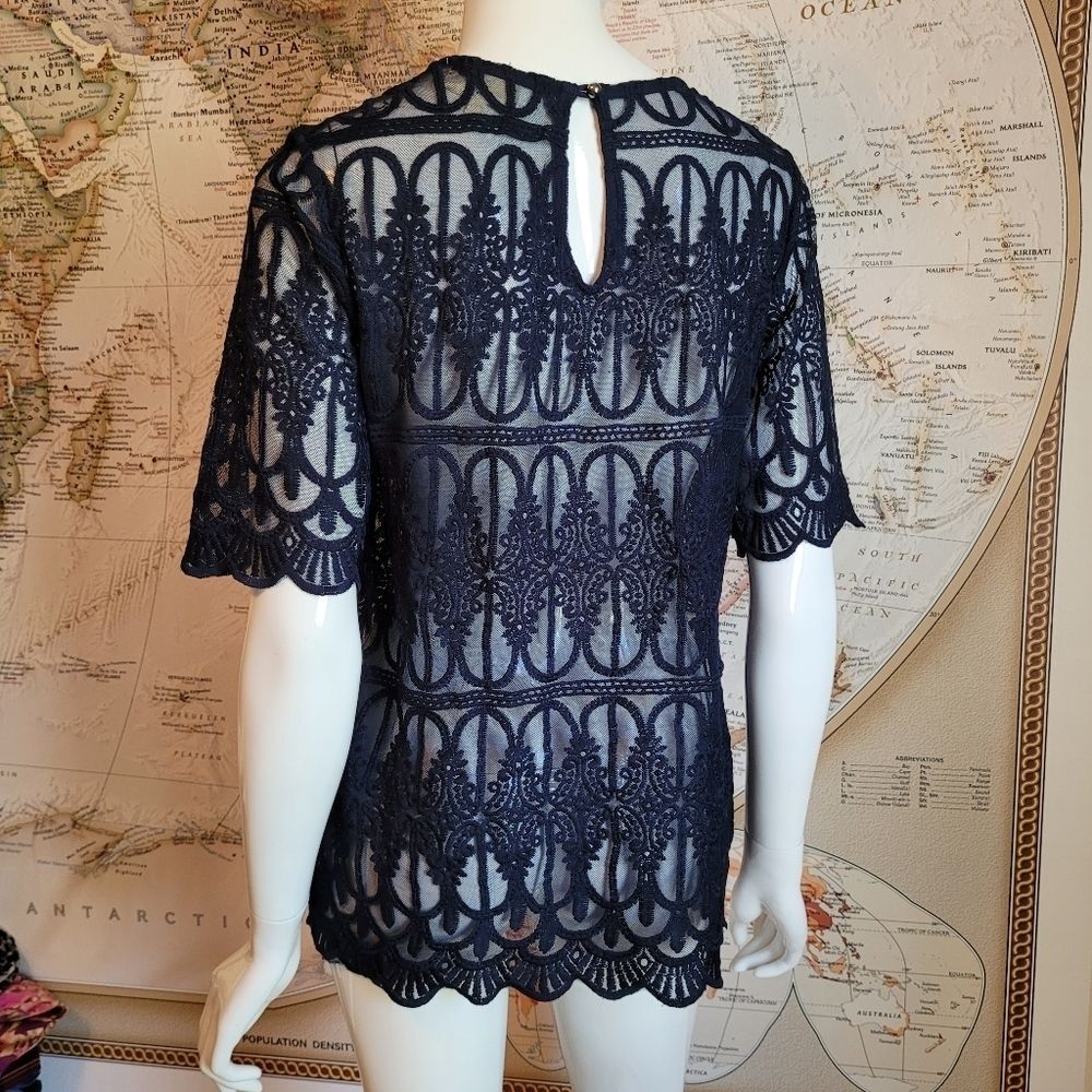 Anthropologie En Elle navy sheer lace top short sleeves crew neck fancy fairy 6 - Picture 2 of 8